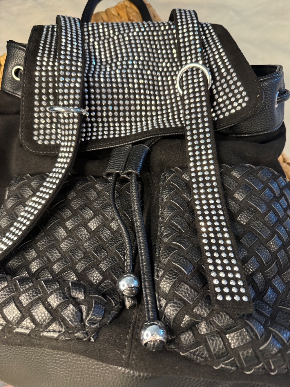 Y2K Glam Woven Rhinestone Drawstring Backpack - Black - Picture 4 of 9